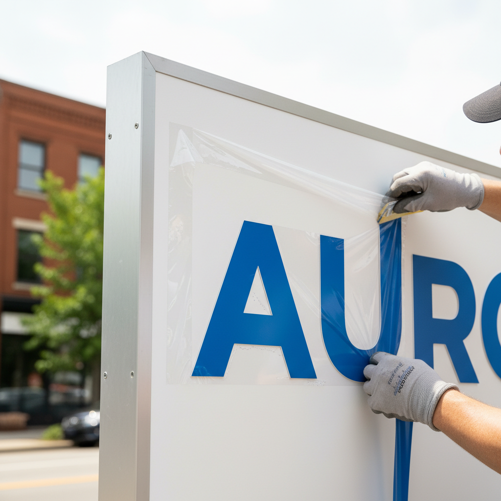 Installer applying vinyl lettering to a glass storefront with a squeegee, close-up hands