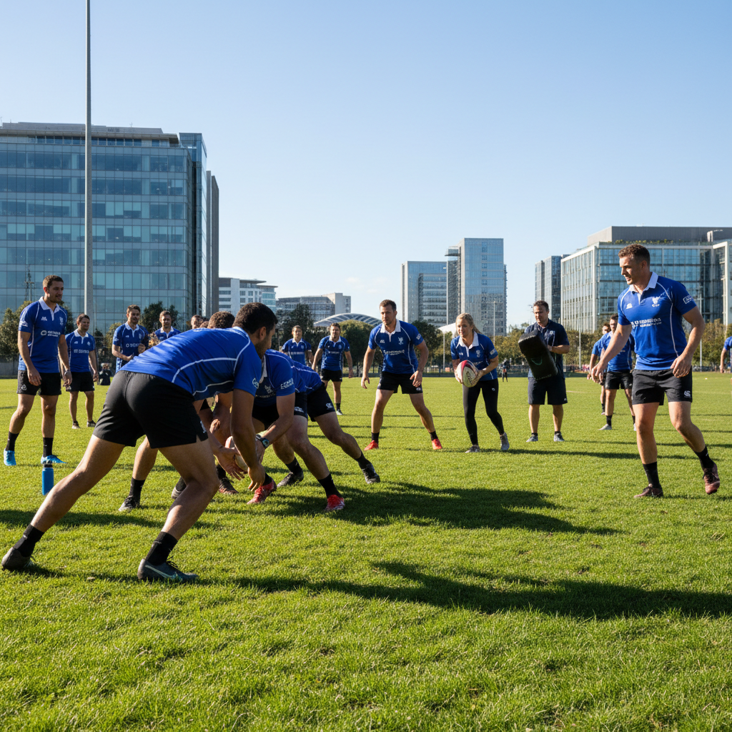 Corporate team building rugby session with adults in training gear on a field