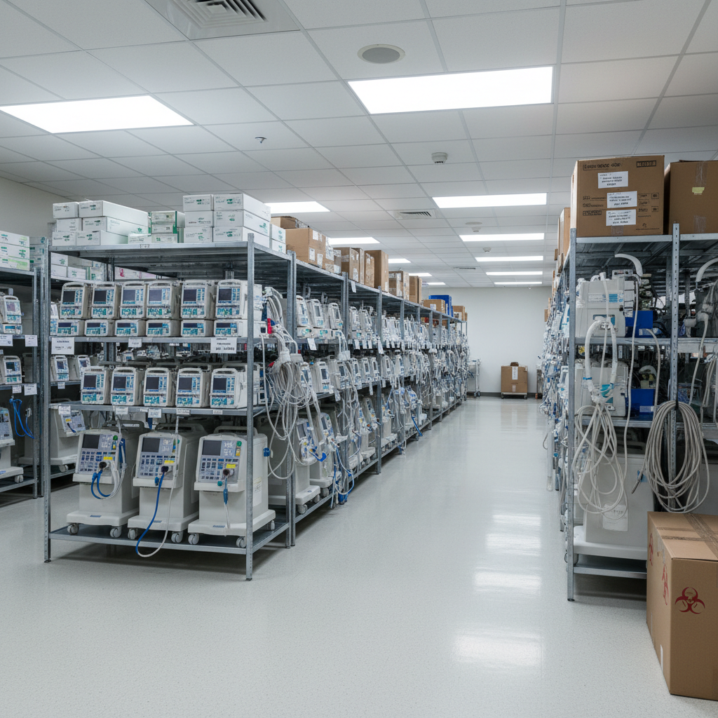 Hospital storage room with rows of medical equipment — infusion pumps and ventilators on shelving units waiting for disposition review