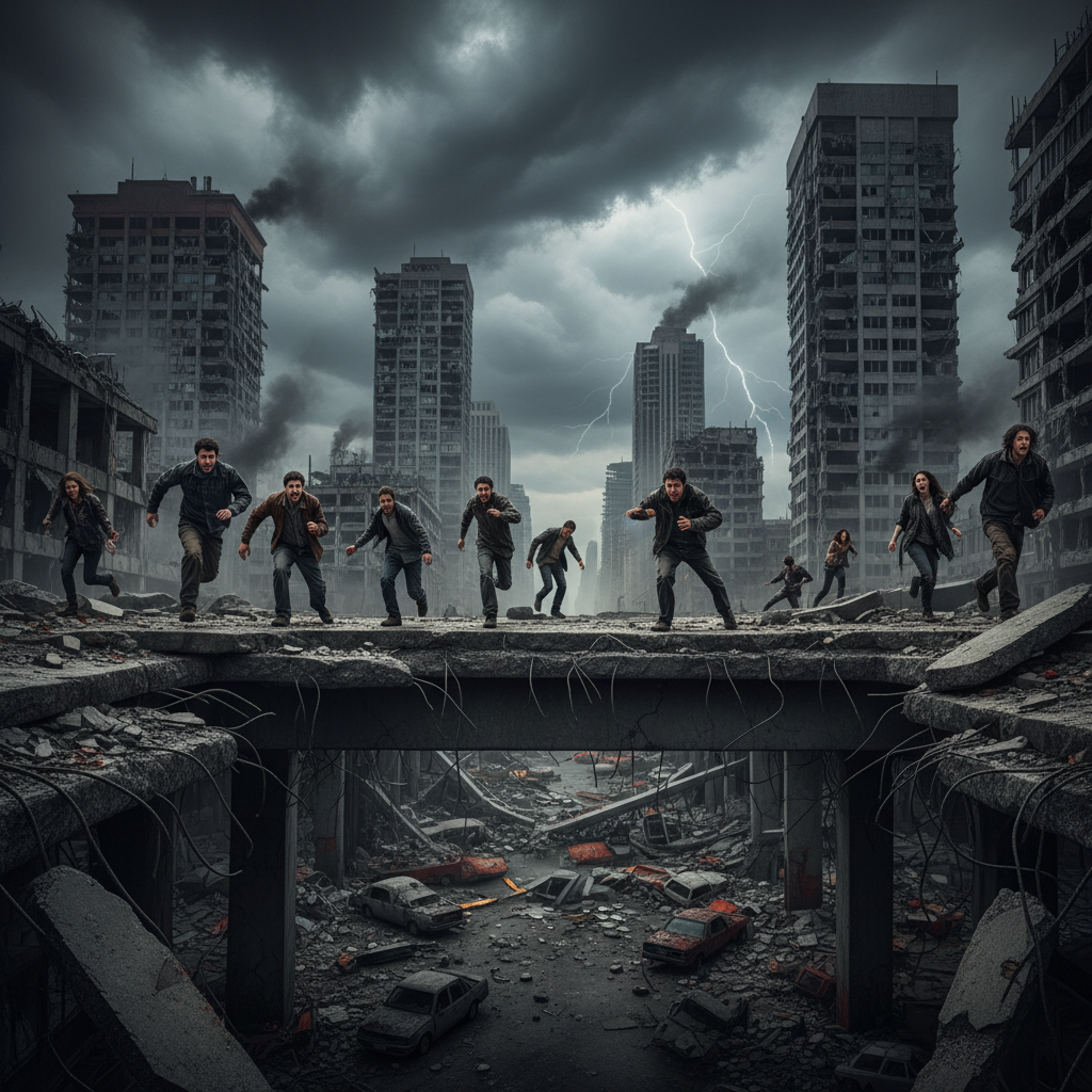 Dark atmospheric post-apocalyptic landscape with deep shadows, burning ruins, and ominous storm clouds — low-key cinematic environment
