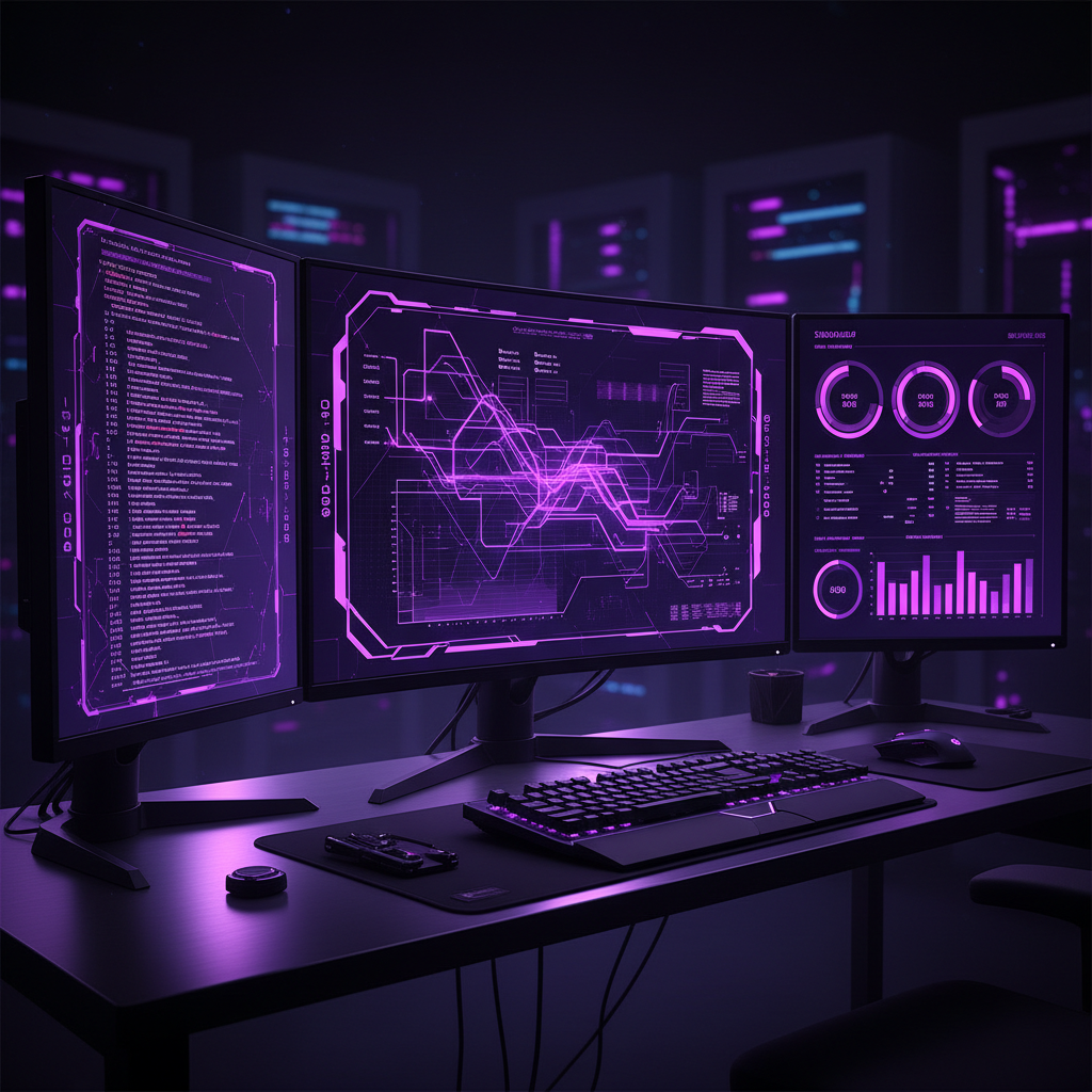 Dark developer dashboard interface with violet accent colors on monitors