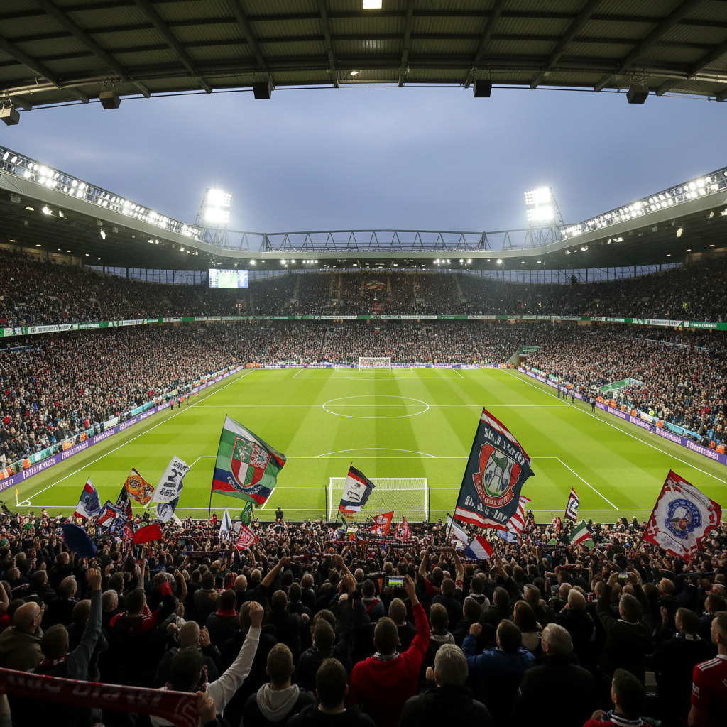 Football fans raising flags and scarves in a packed stadium, deep shadow walls, dramatic floodlights, atmospheric dark haze