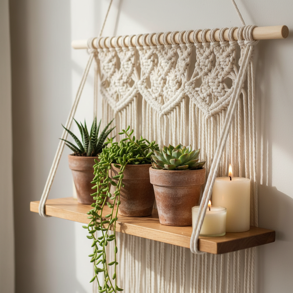 Macramé shelf with twisted rope and wooden dowel holding small succulents and candles