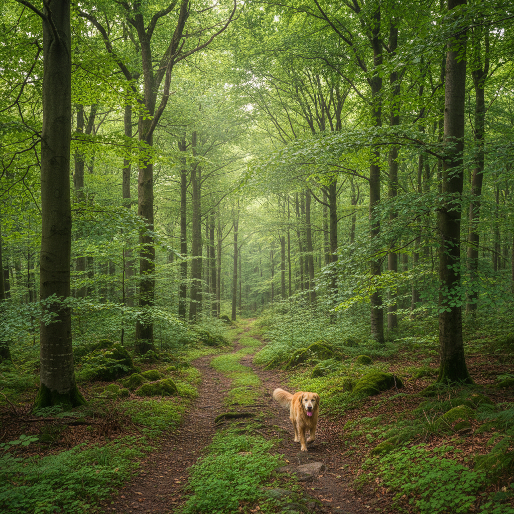 Golden retriever on a forest hiking trail surrounded by tall green trees