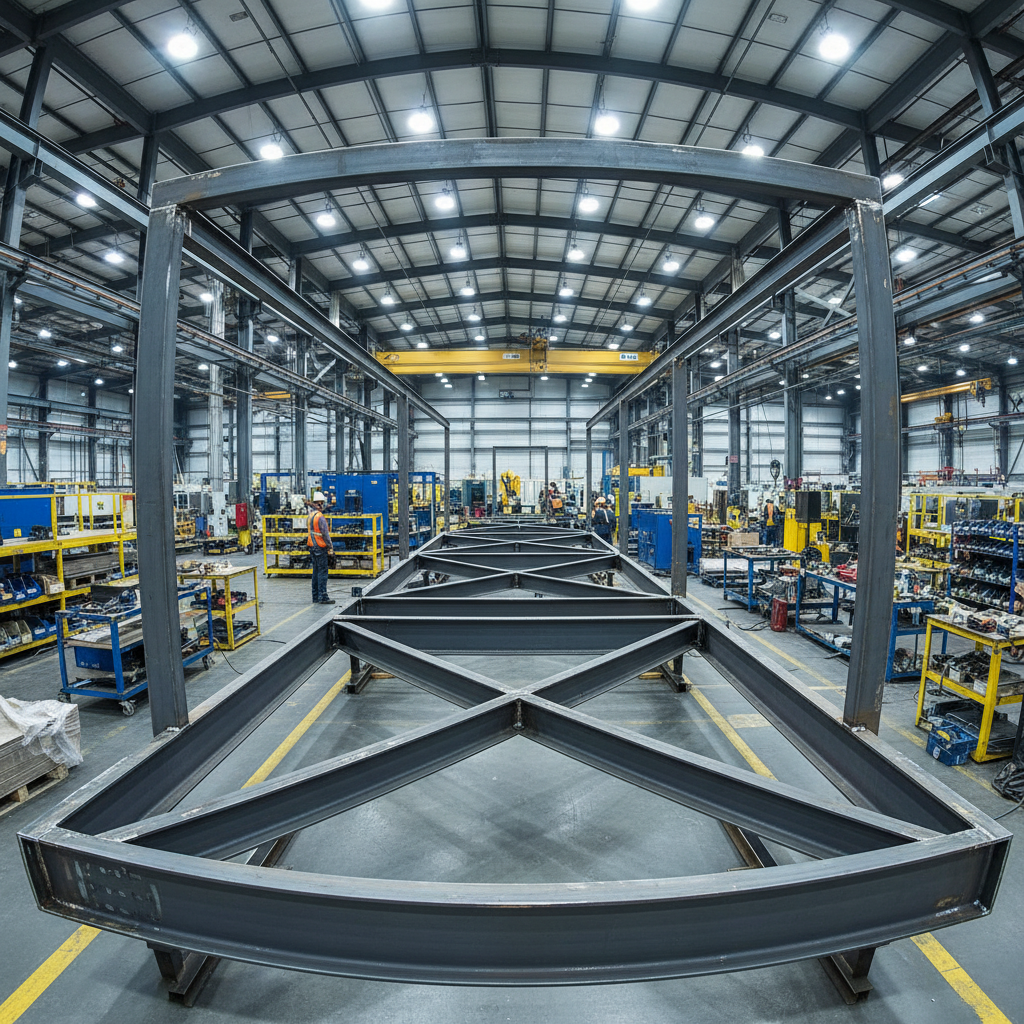 Structural steel I-beam frame of modular home module inside factory during assembly