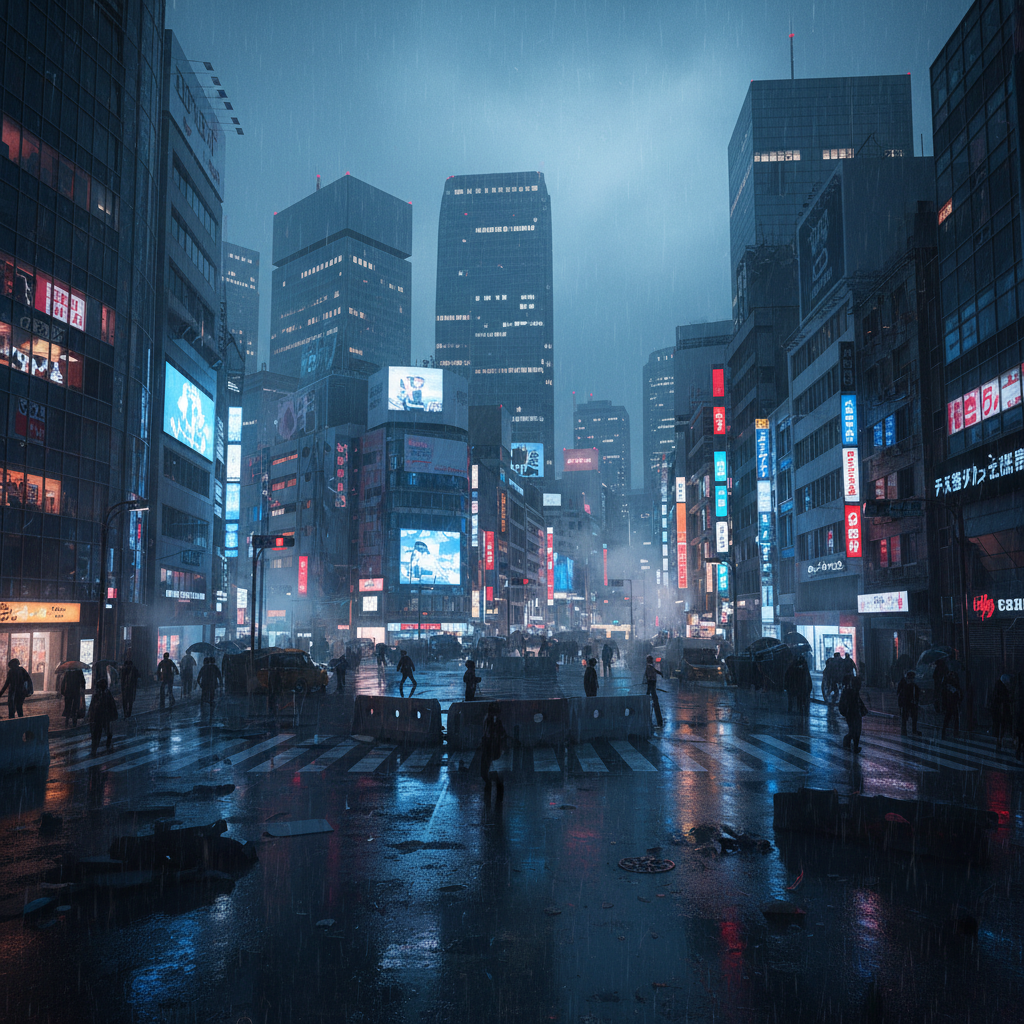 Neon-lit urban nightscape with rain-slicked streets and atmospheric fog
