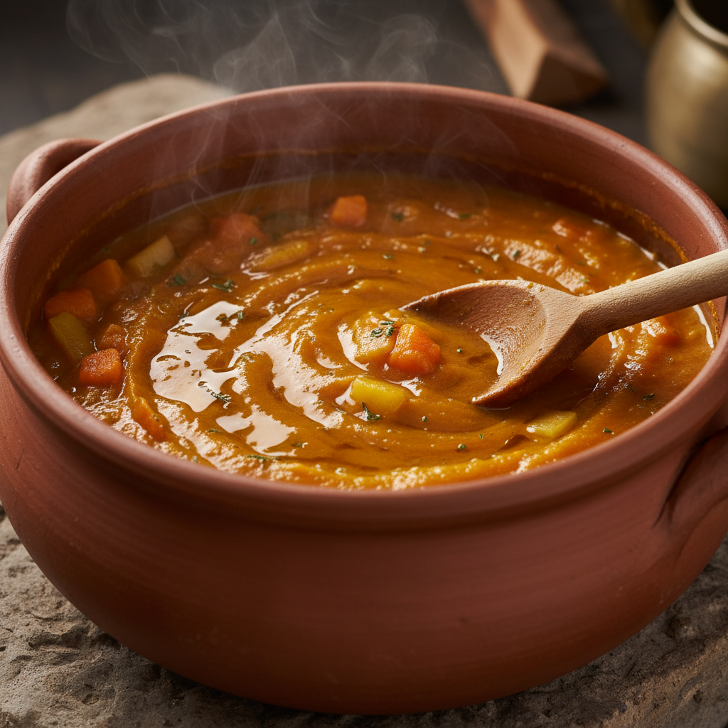 Deep orange pumpkin stew being stirred in a large clay pot, golden oil pooling on the surface