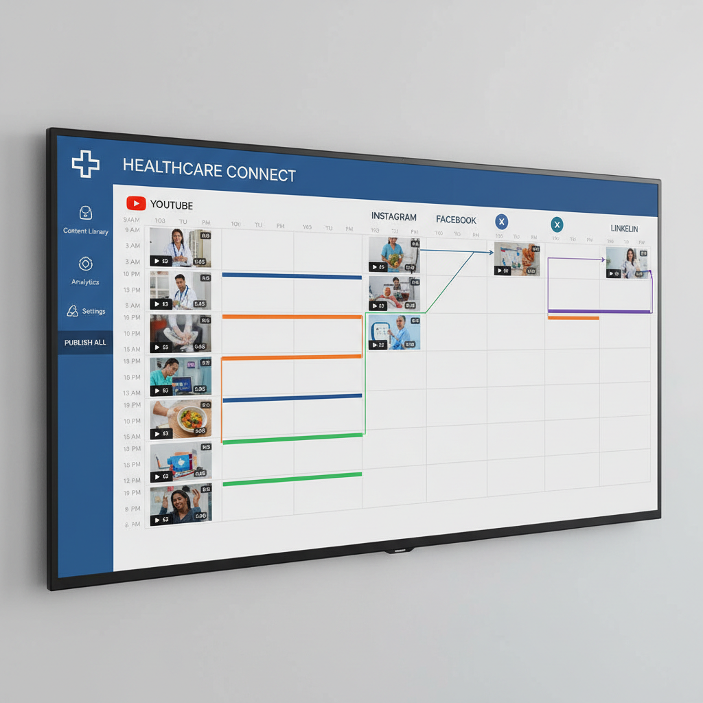 Healthcare social media scheduling dashboard showing short video clips distributed across YouTube, Instagram, Facebook, X, TikTok, and LinkedIn throughout the day