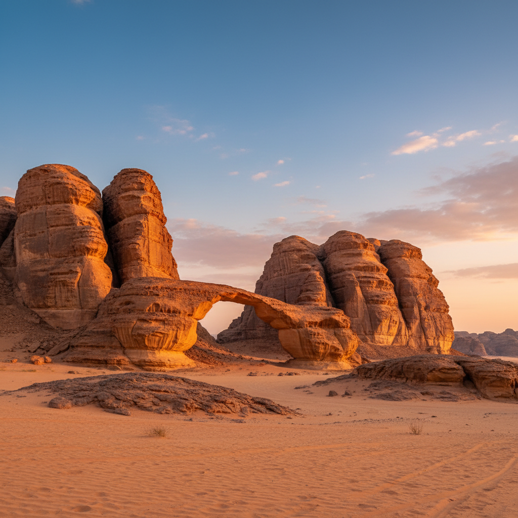 AlUla ancient Nabataean rock tombs at golden sunset, dramatic sandstone cliffs, deep amber light