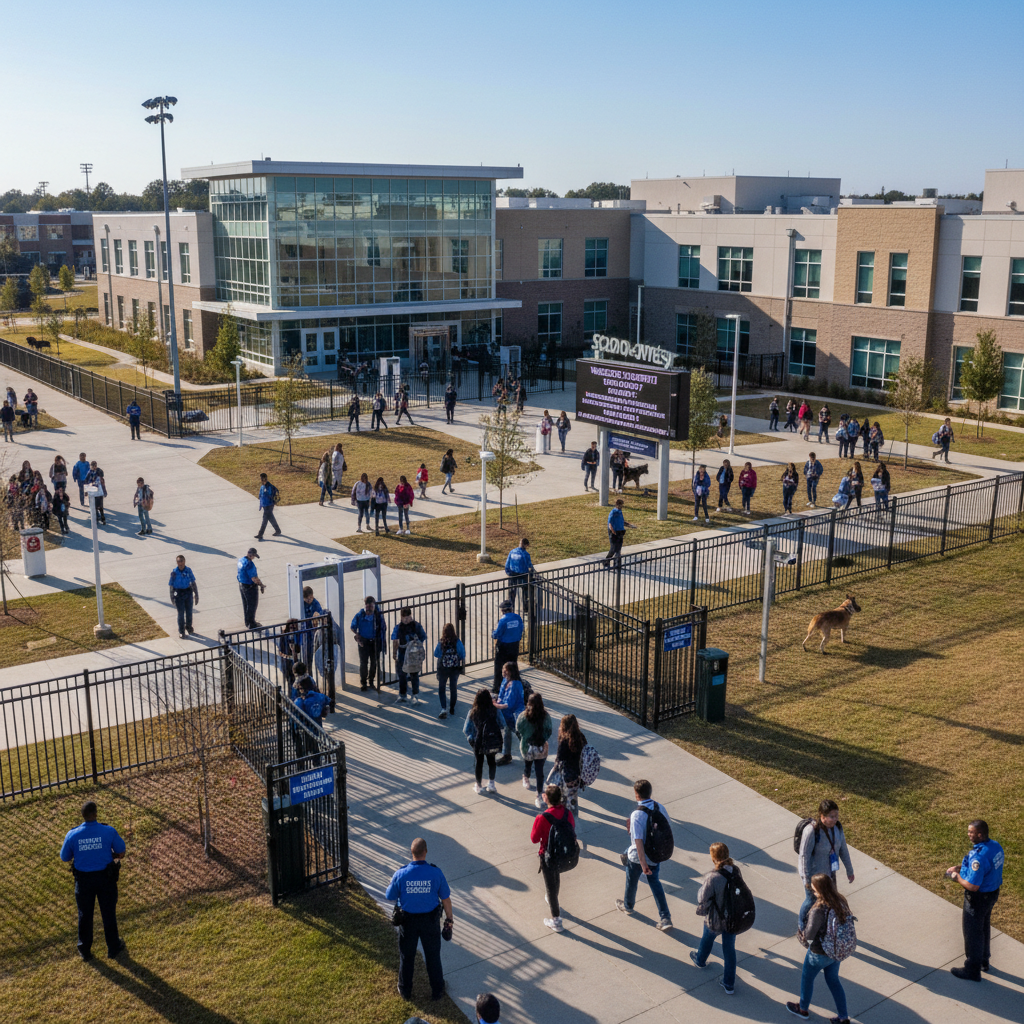 Bright modern school entrance with students arriving in morning light