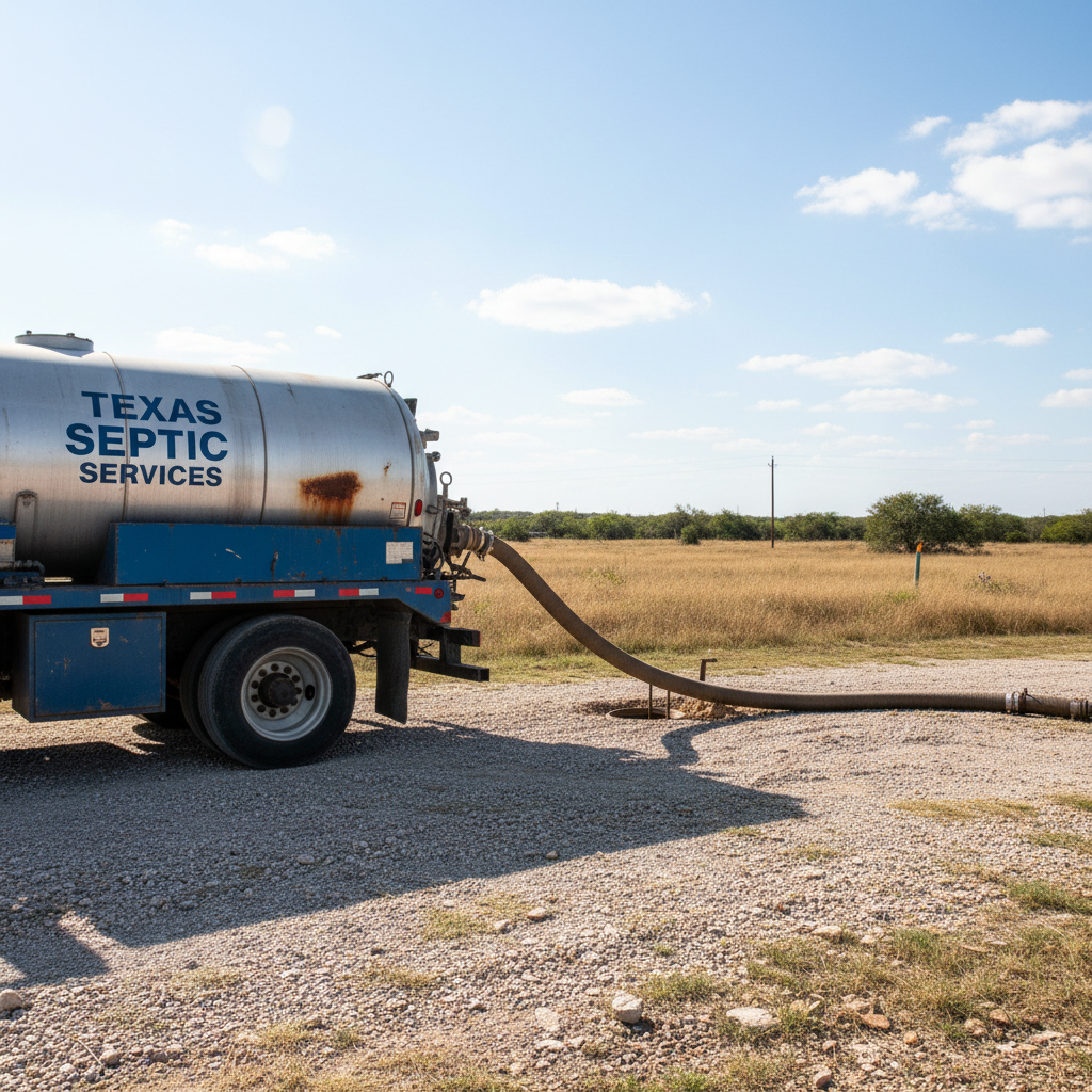 Septic pump truck with vacuum hose running on rural Texas property with gravel driveway