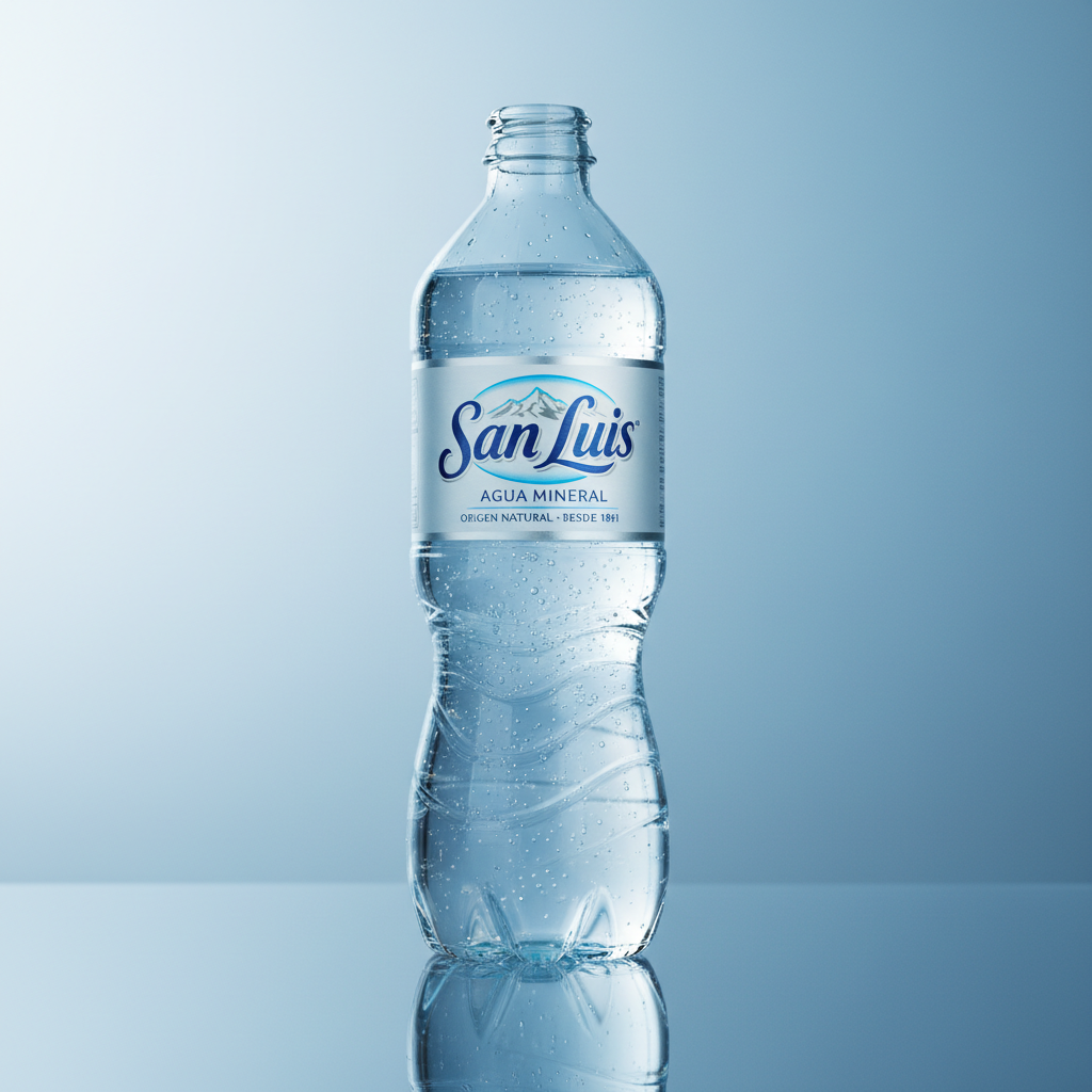 Green glass bottle of San Pellegrino sparkling water with condensation on dark background