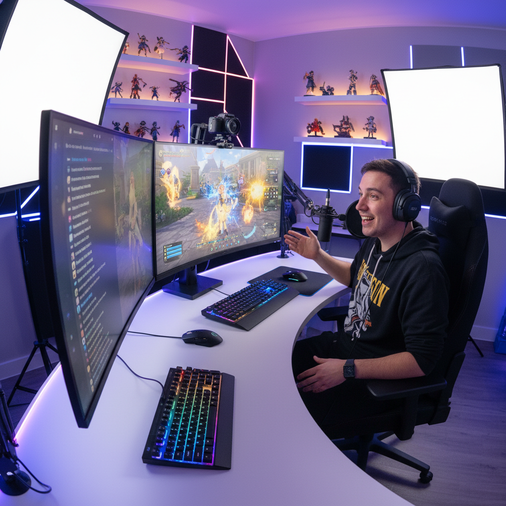 Gaming streamer portrait in dark room with monitor glow illuminating face