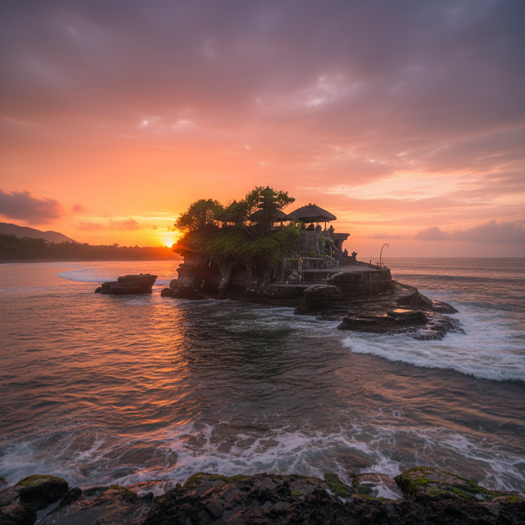 Templo Tanah Lot en Bali sobre roca volcánica rodeada de mar, puesta de sol naranja y violeta reflejada en agua