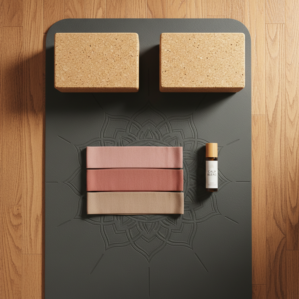 Full yoga accessory spread including mat, cork blocks, resistance bands and essential oil roller on warm-toned floor