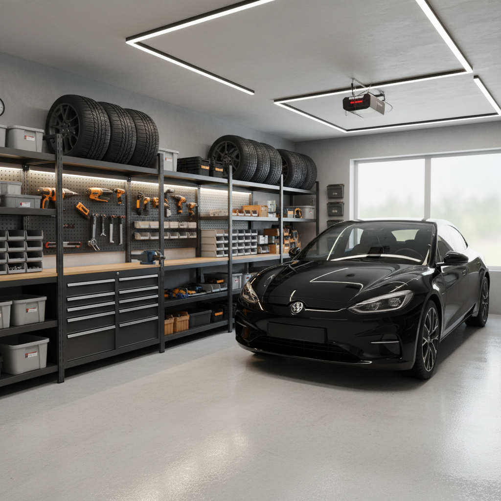 Clean and well-maintained epoxy garage floor with organized workspace