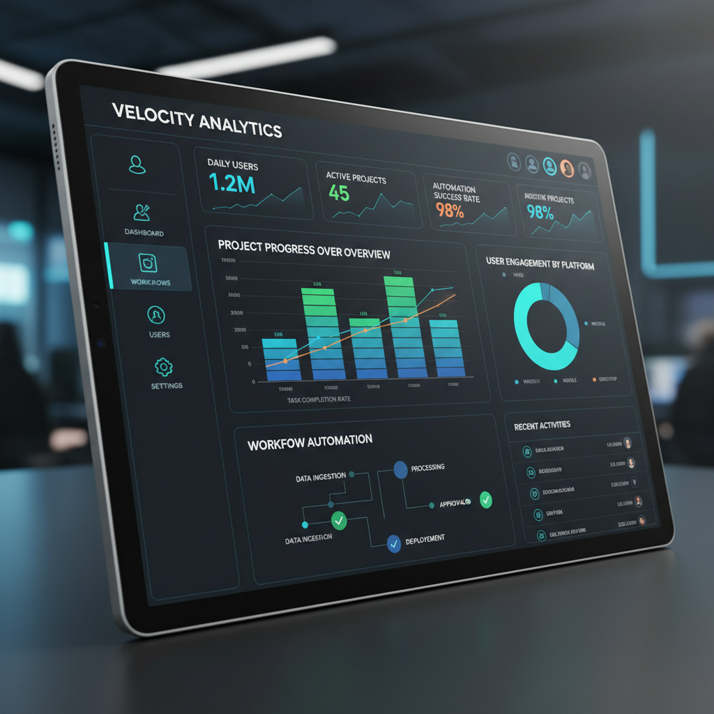 Modern enterprise software dashboard with clean charts and workflow tables on light grey background
