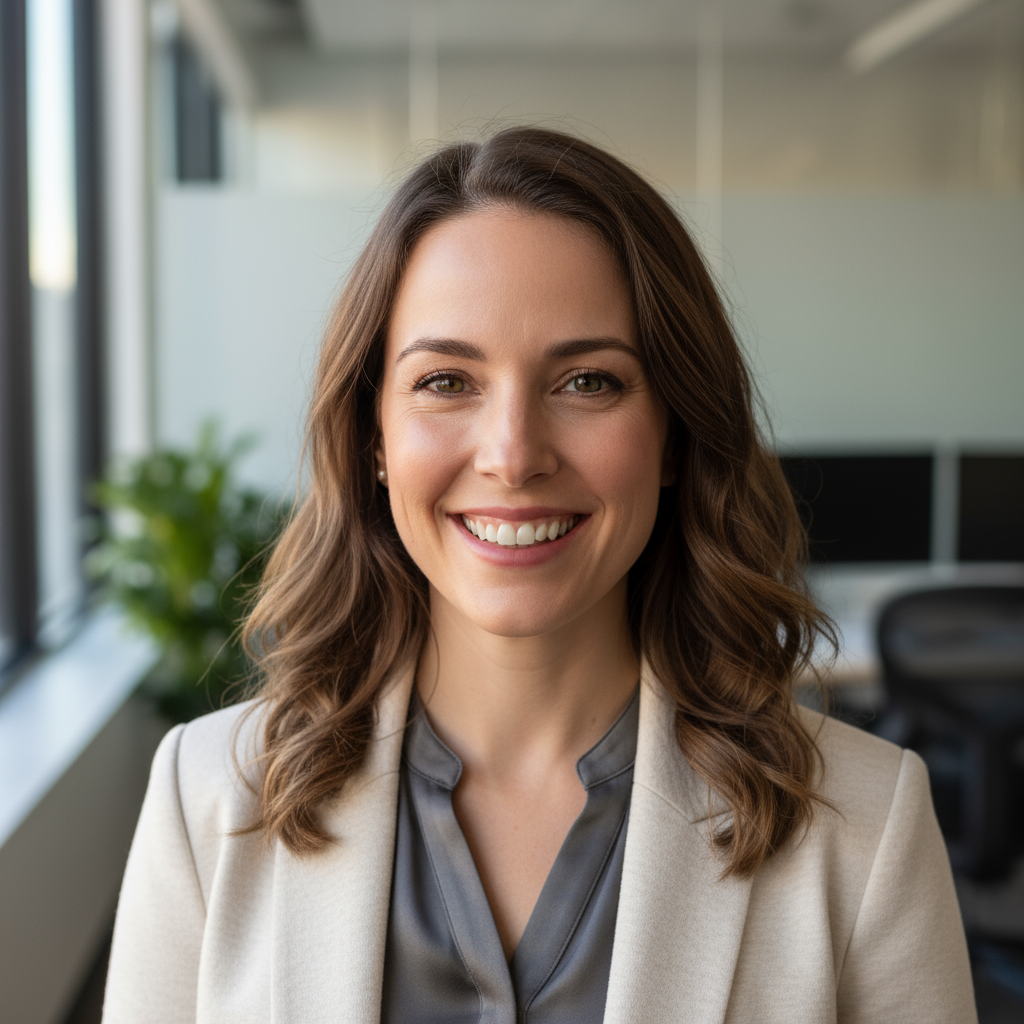 Female consultant smiling, professional headshot, bright office background