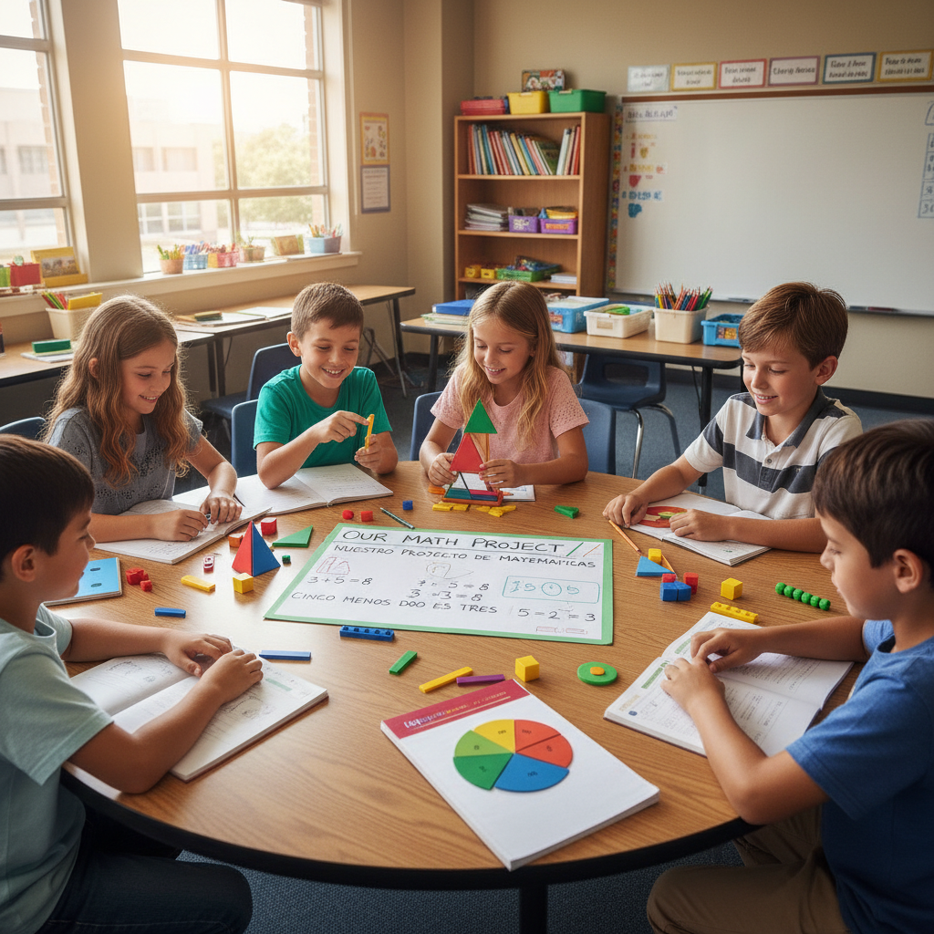Diverse group of elementary school students working together on math problems with colorful manipulatives on classroom table