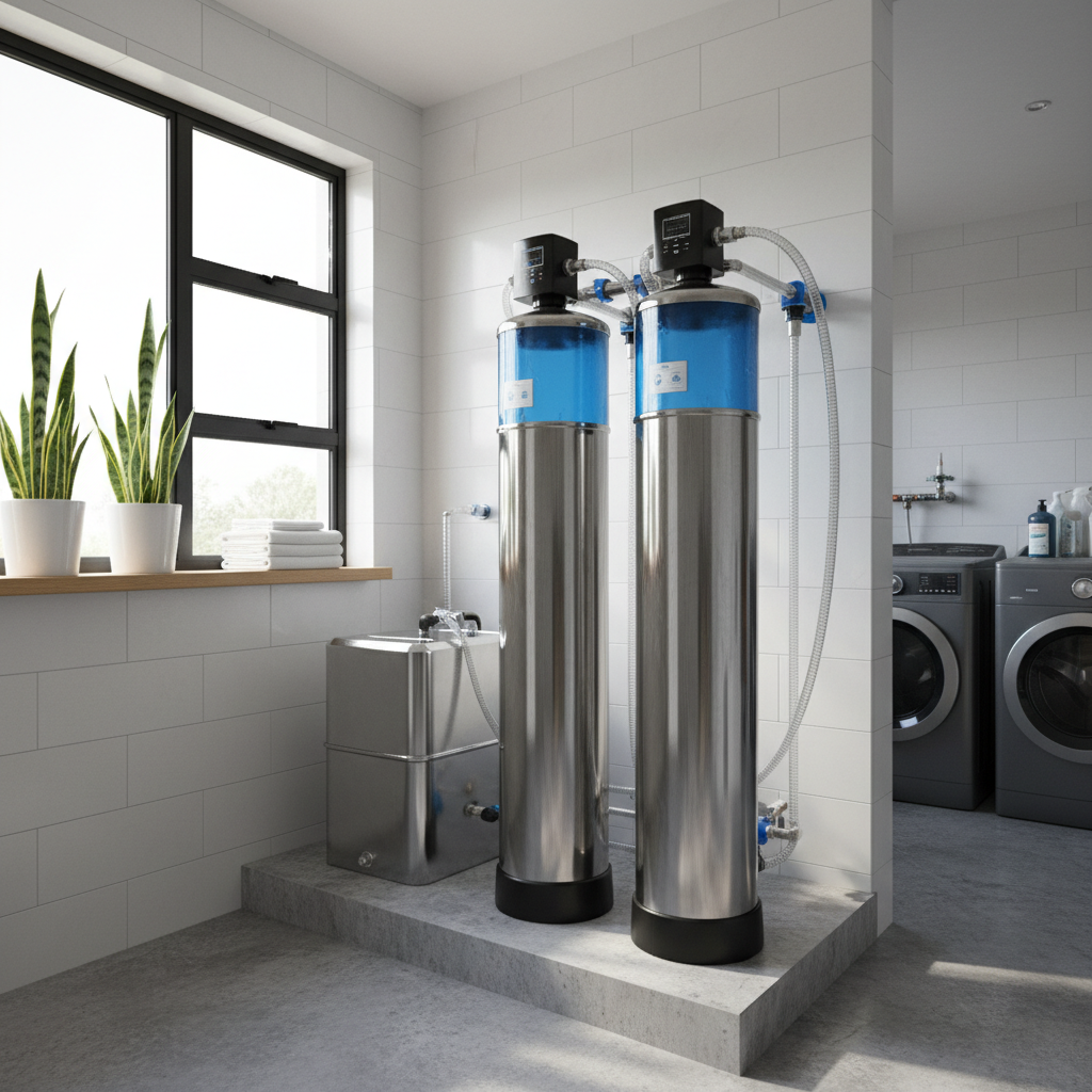 Water softener system with resin tanks installed in a modern Kenyan home utility room