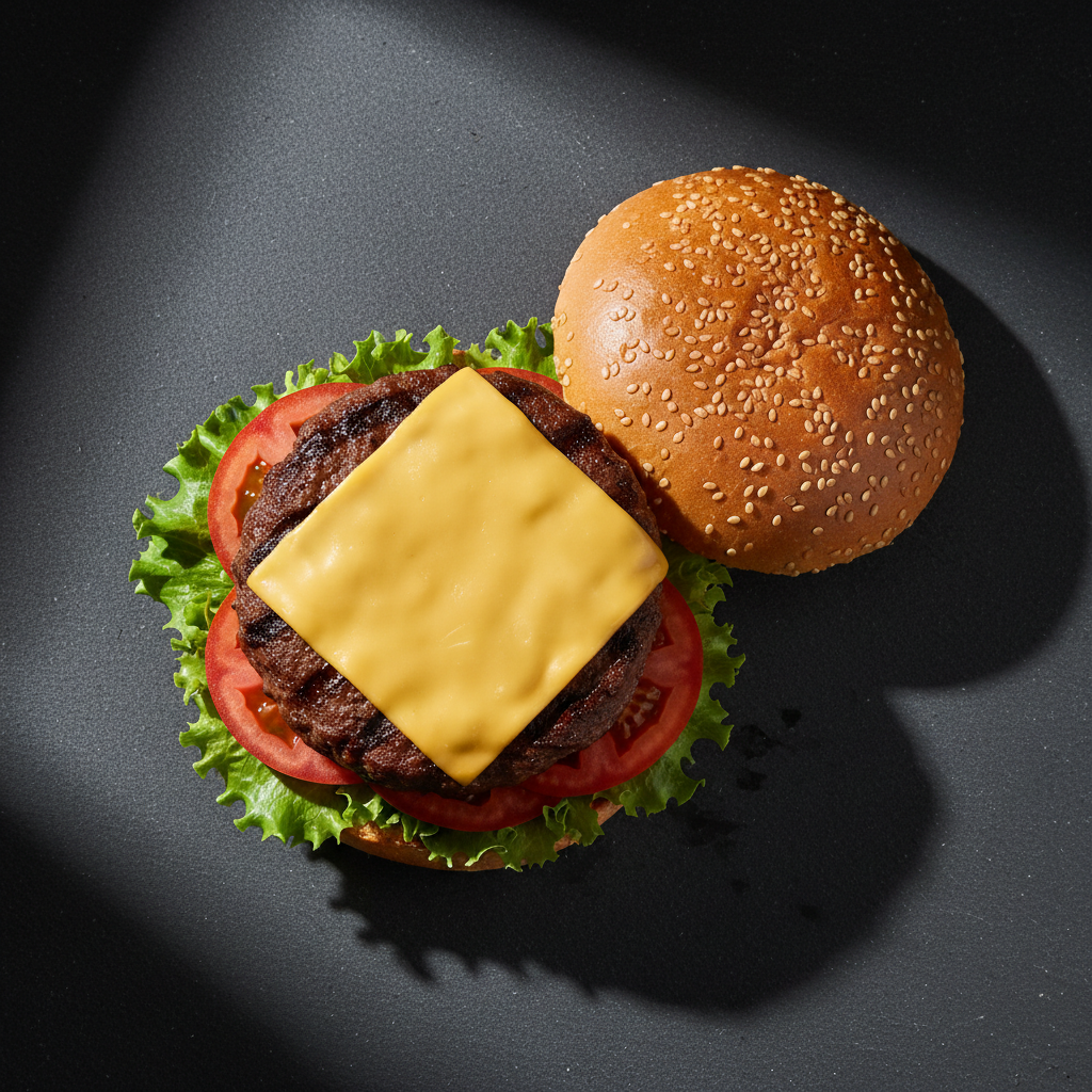 Classic burger with fresh lettuce, tomato, cheddar cheese, toasted brioche bun, bright food photography dark background