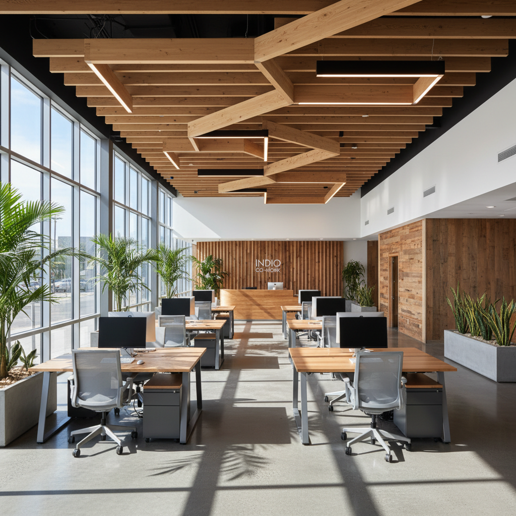 Commercial space with modern decorative ceiling beams, open office design, warm wood accents in Indio
