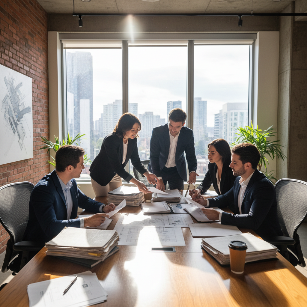Real estate team collaborating around a conference table reviewing transaction files