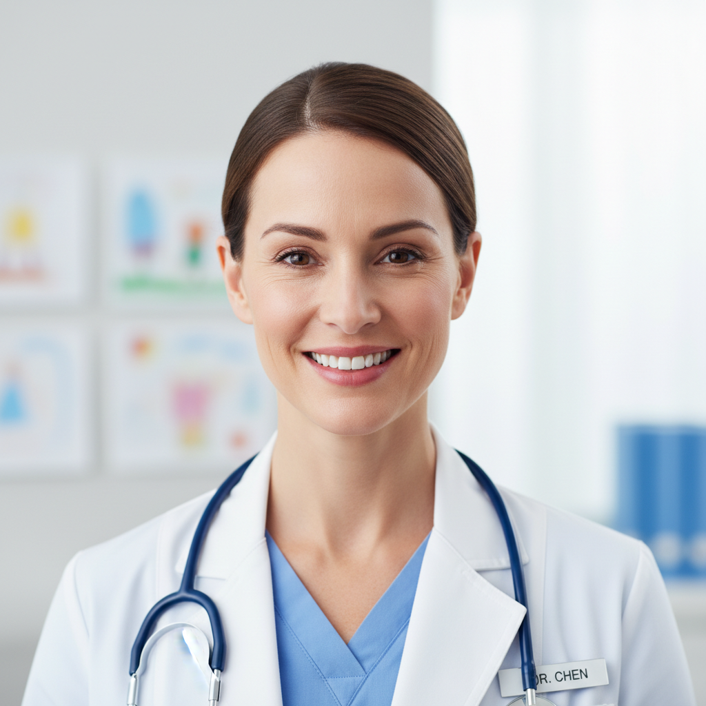 Female cardiologist in white coat with stethoscope smiling
