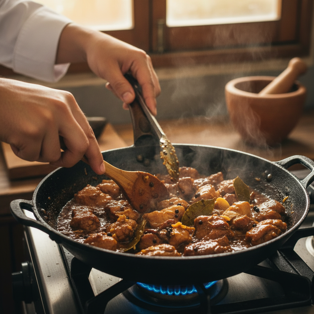 Plated adobo dish with caramelized glaze under warm dining room lighting