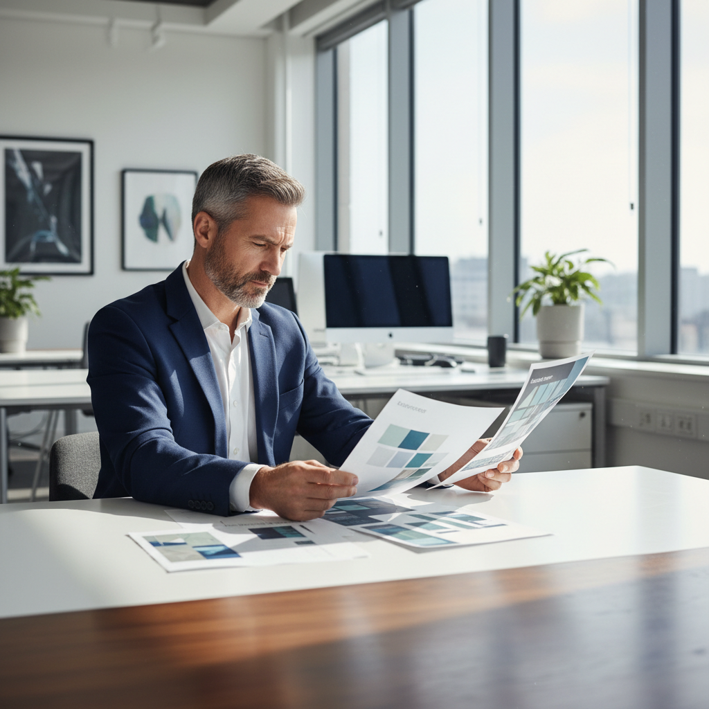 Creative professional in consultation, reviewing design mockups at a modern desk with warm lighting