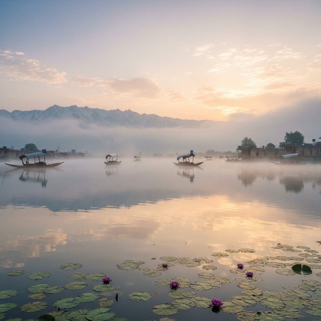 Dal Lake at dawn with mist rising from still water, mountain silhouettes in the distance