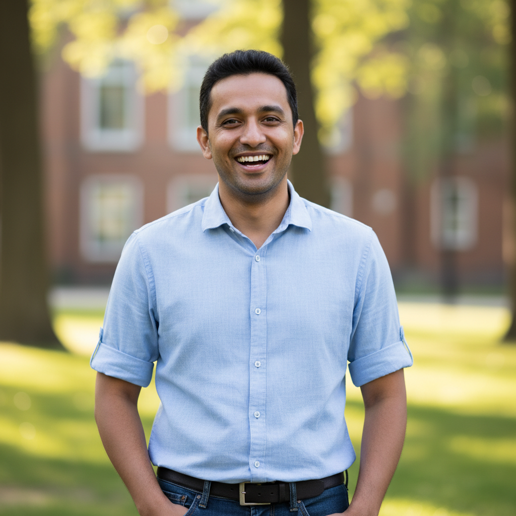 Young Bangladeshi man smiling, outdoor background