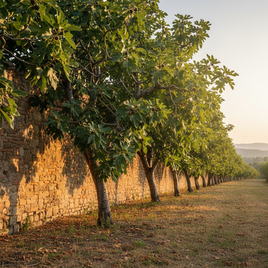 Row of fig trees trained along a warm stone wall at golden hour in the grove