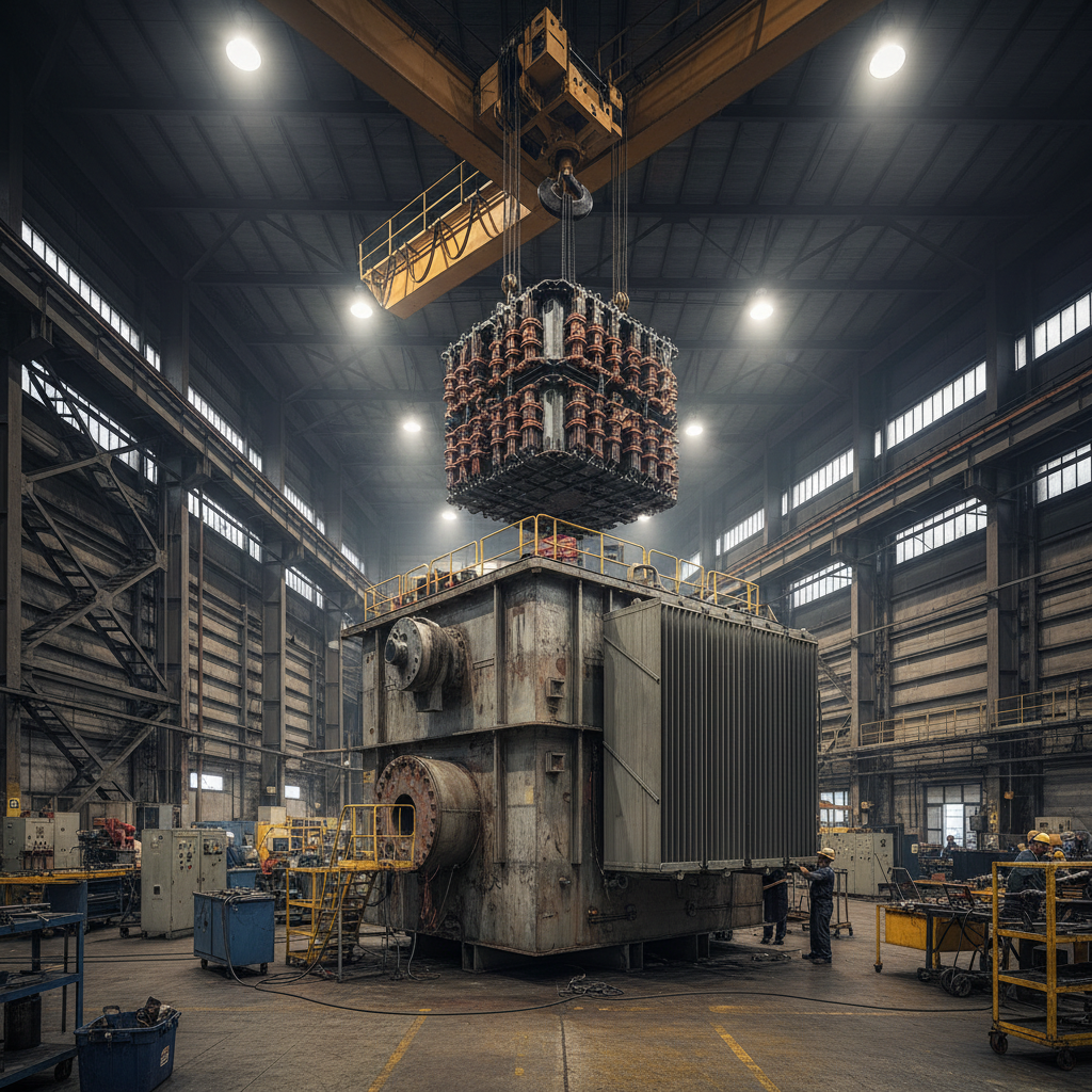 Large industrial transformer tank assembly in manufacturing plant with crane lowering core-coil unit