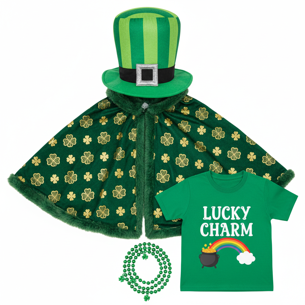 Complete solo St. Patrick's Day bundle with cape, hat, beads, and t-shirt