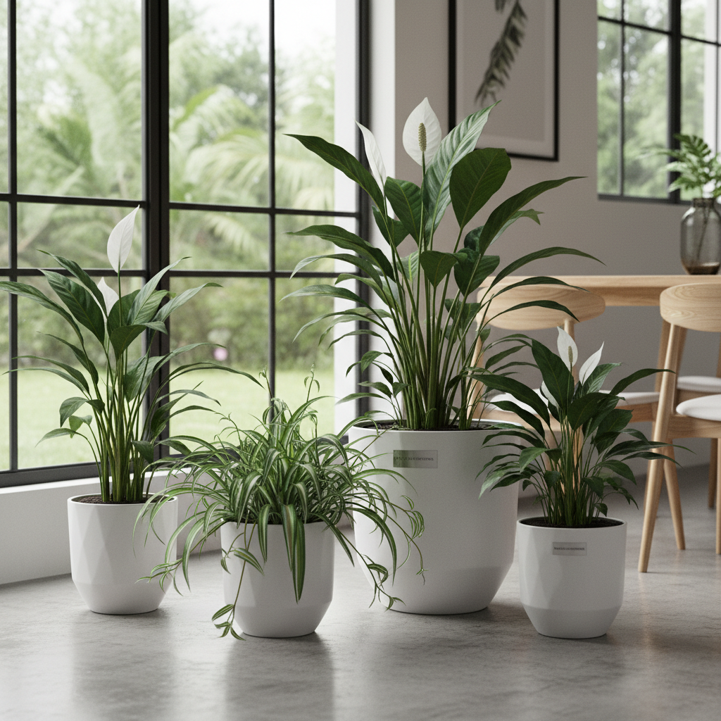 Spider plant and calathea in colorful pots arranged on light wood floor