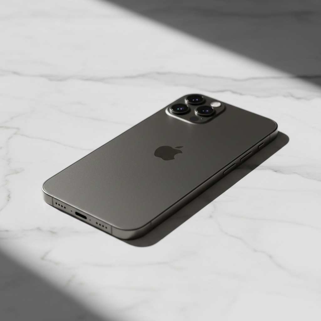 iPhone in titanium finish displayed against clean white background showing camera system detail
