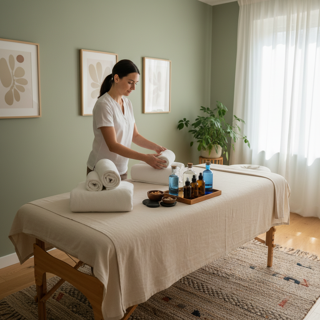 Professional spa therapist in clean uniform preparing treatment room with organised tools and warm lighting