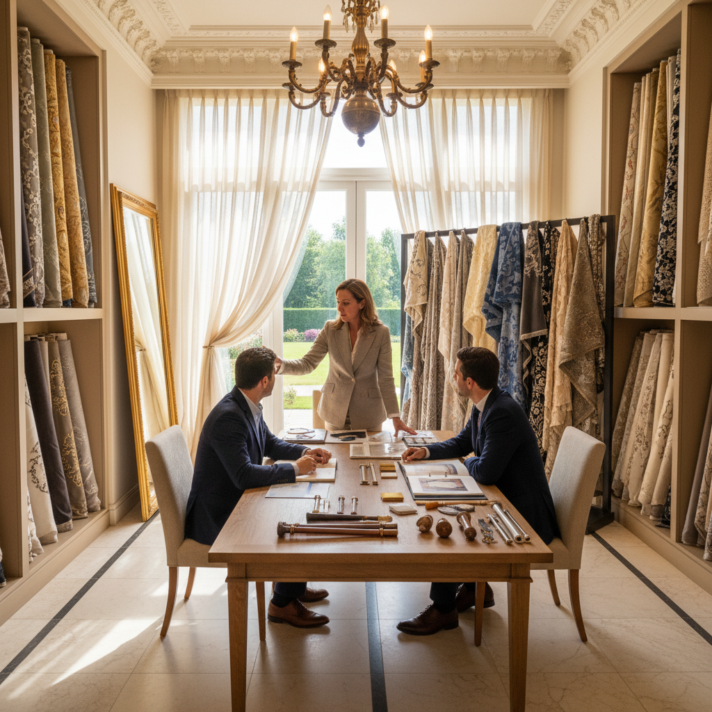 Bespoke curtain consultation displaying premium fabric collections, custom hardware options, and personalized design recommendations in luxury showroom environment