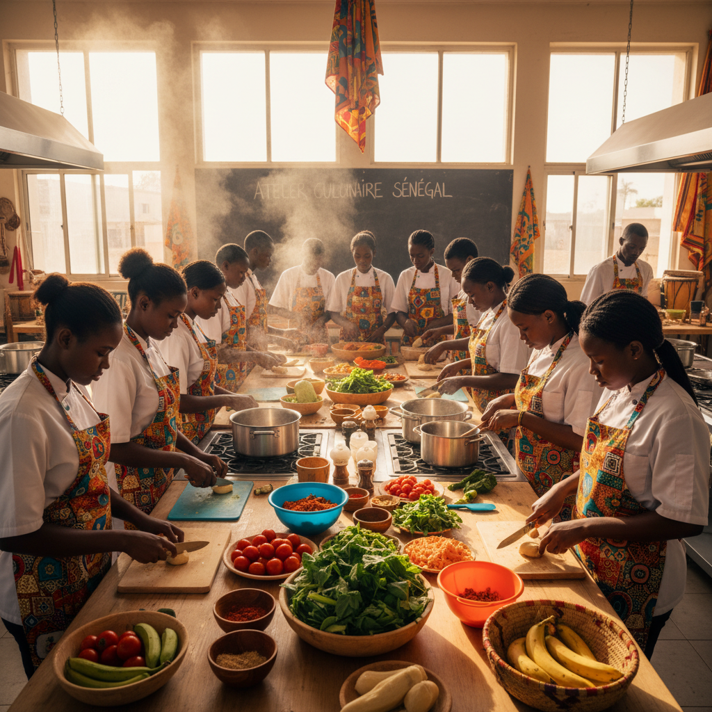 Valentina teaching students in a warm Lima kitchen surrounded by clay pots and Peruvian ingredients