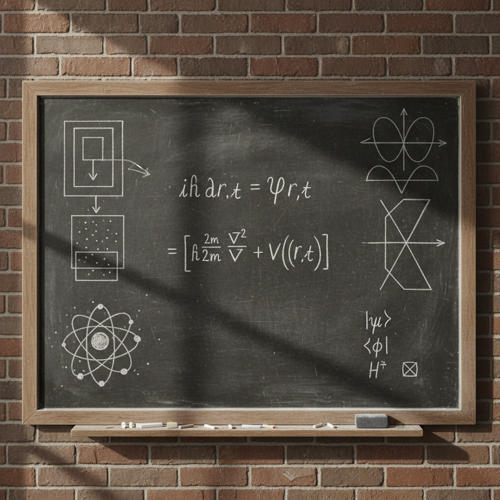 Blackboard covered in quantum field theory equations and Feynman diagrams