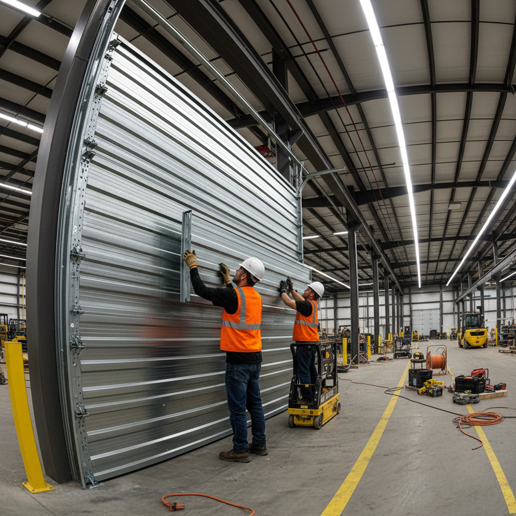 Two-person installation crew in safety gear assembling a large sectional steel overhead door in a warehouse