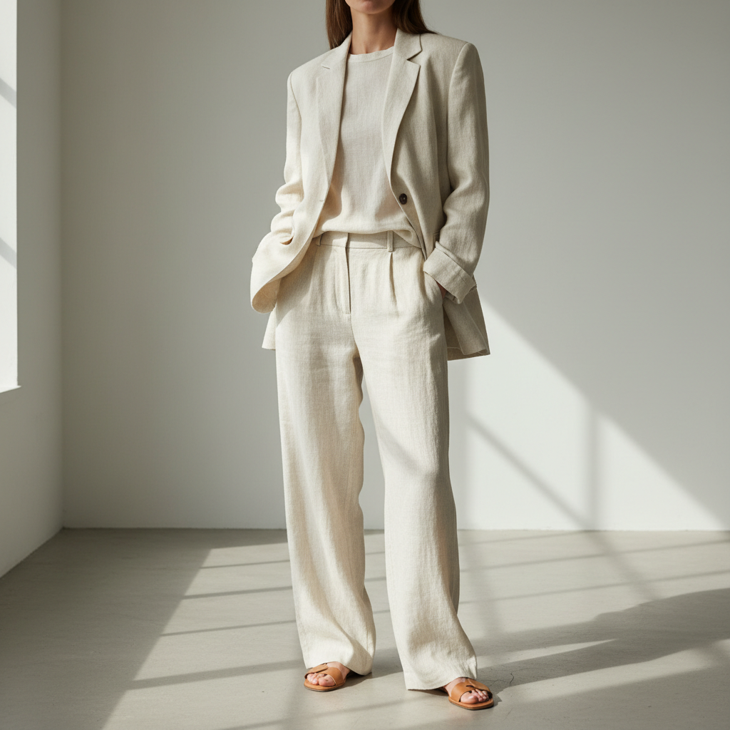 Bright minimal studio with model in cream linen blazer and wide-leg trousers against white background