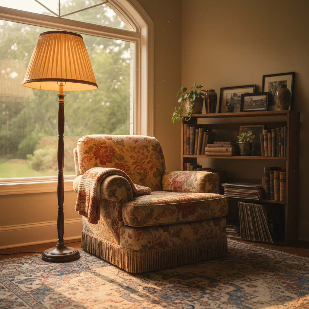 Cozy living room corner with thrifted lamp, vintage rug, and curated shelving in golden hour light
