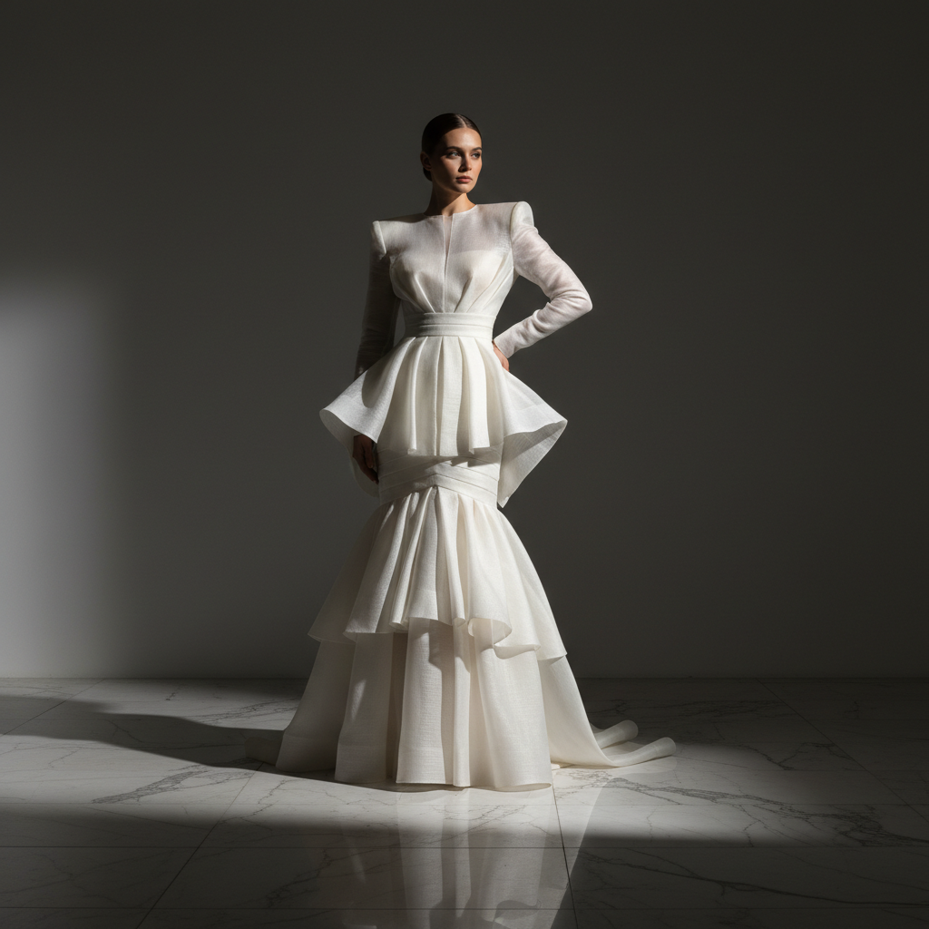 SLF Women Meridian Collection — a model in a sculptural ivory coat standing against a pale stone wall in soft morning light