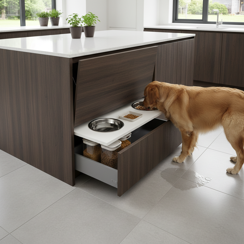 Kitchen island with concealed pet feeding station and recessed water bowl