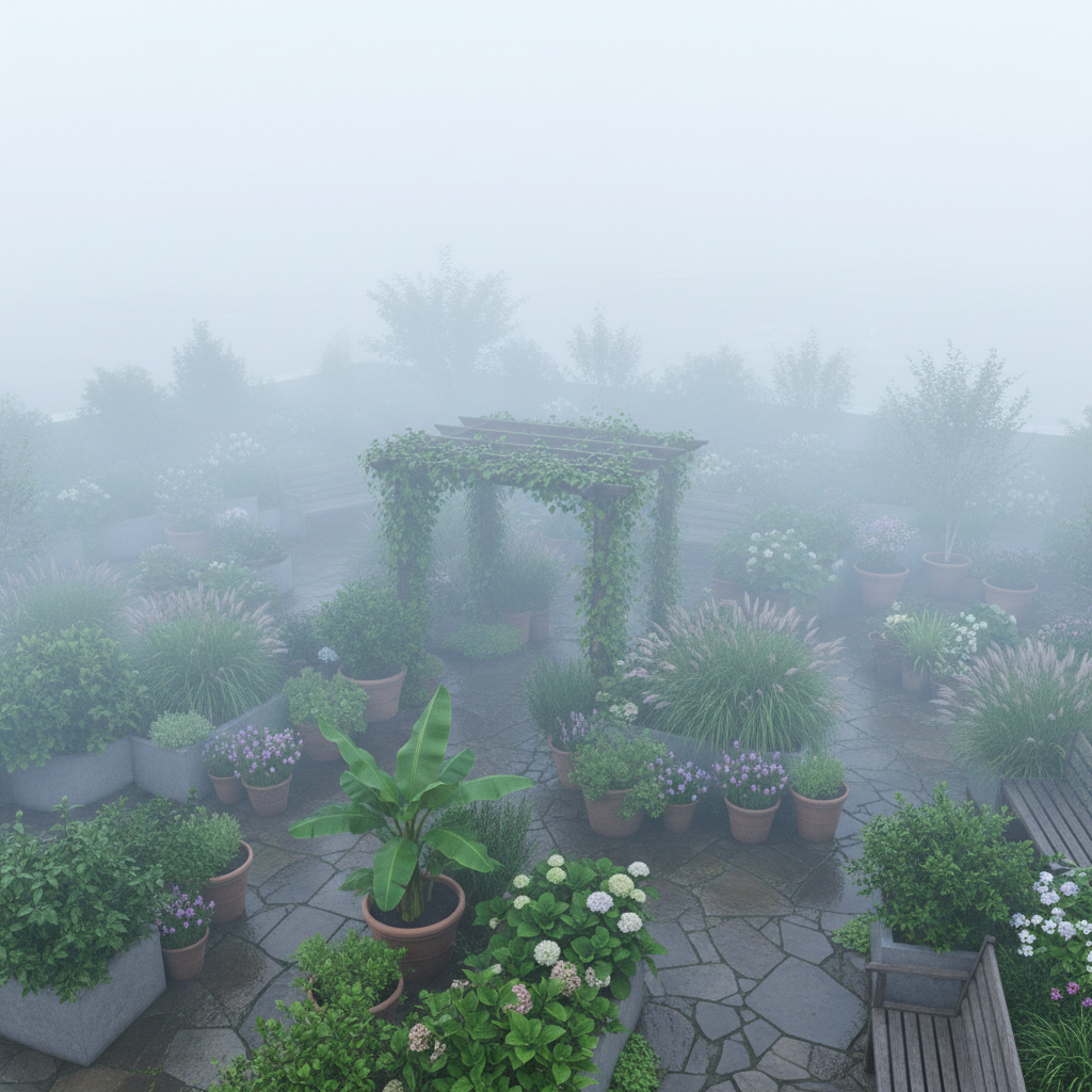 Drone footage of rooftop garden in fog