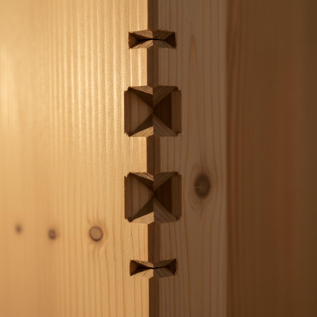 Close-up of handcrafted oak joinery and linen textile detail in a Nordic interior, warm side lighting