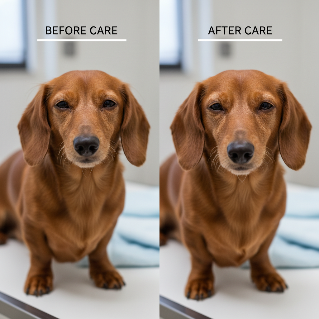Before and after anal gland expression care for a dachshund