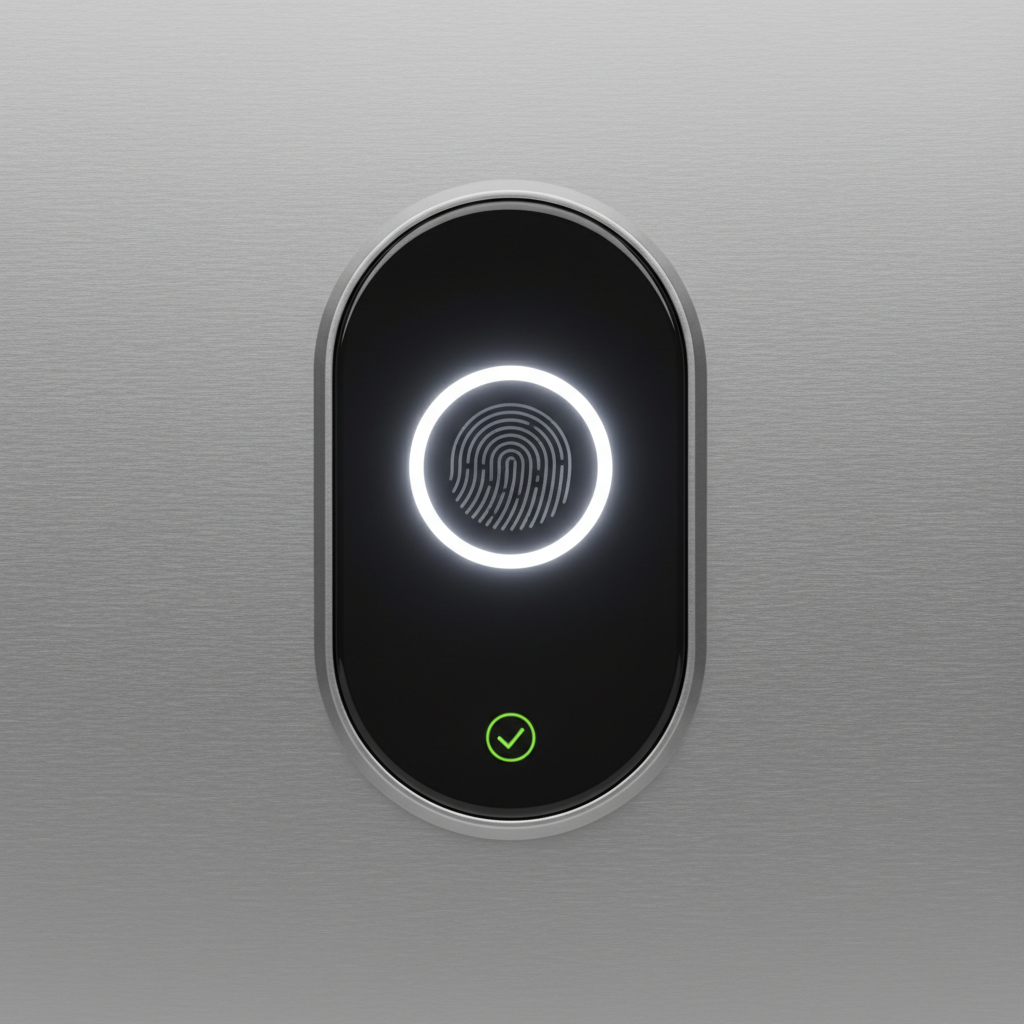 Modern biometric fingerprint scanner on brushed steel panel